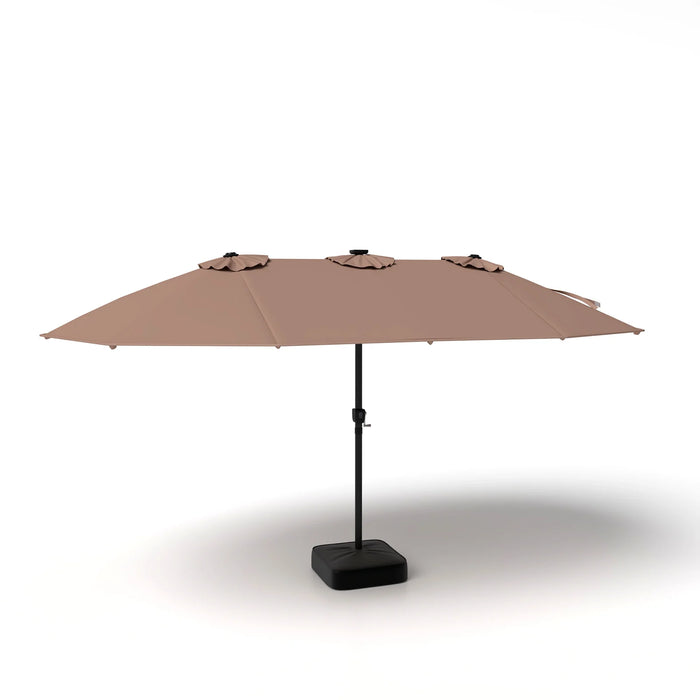 15ft Double-Sided Patio Umbrella with 144 Solar LED Lights Crank Handle Base Included-Brown
