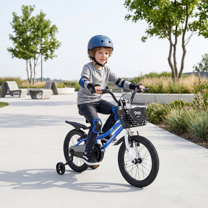 14 Inch Kids Bike with Dual Brakes for 3-5 Years Checkered Racing Series Blue