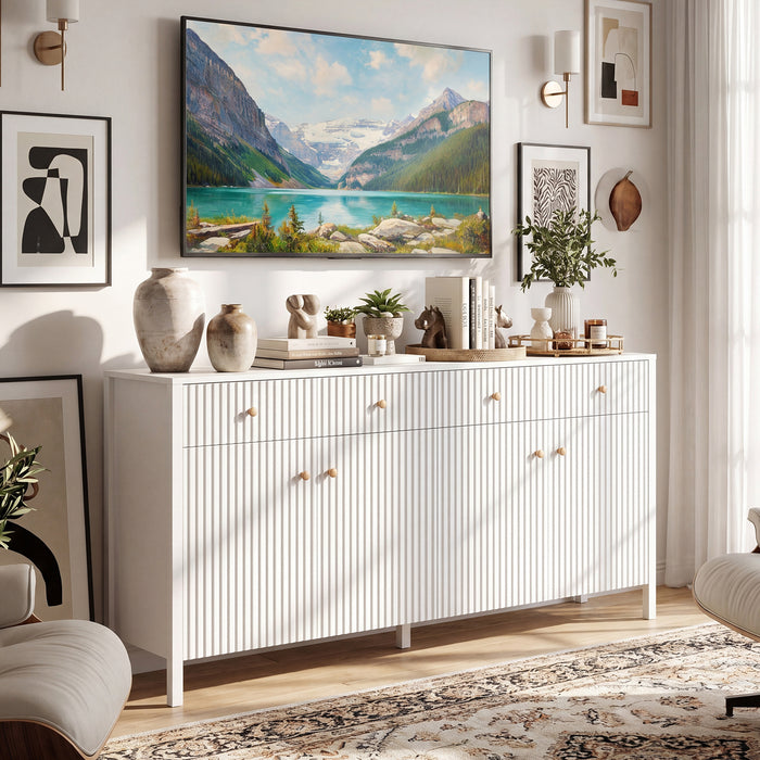 160 cm Sideboard Buffet Cabinet Fluted Large 4-Door Storage Organizer with 4 Drawers-