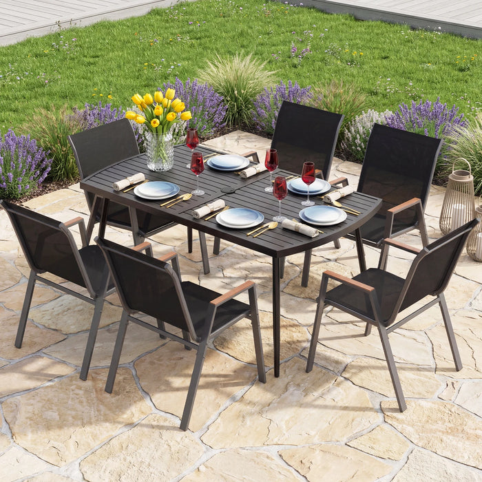 160 x 90 cm Patio Dining Table Rectangle Metal Slat Table with 4 cm Umbrella Hole-