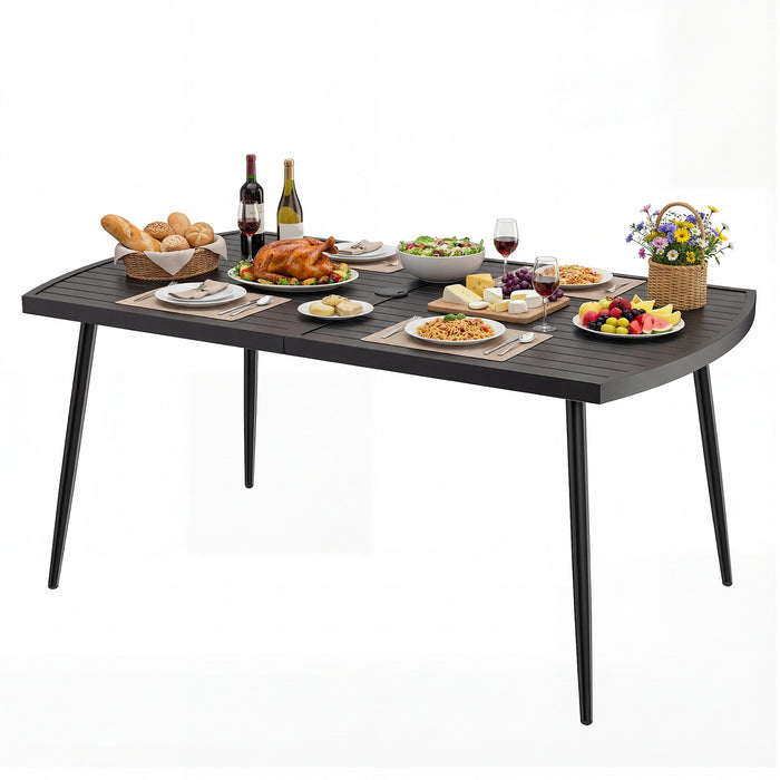 160 x 90 cm Patio Dining Table Rectangle Metal Slat Table with 4 cm Umbrella Hole-
