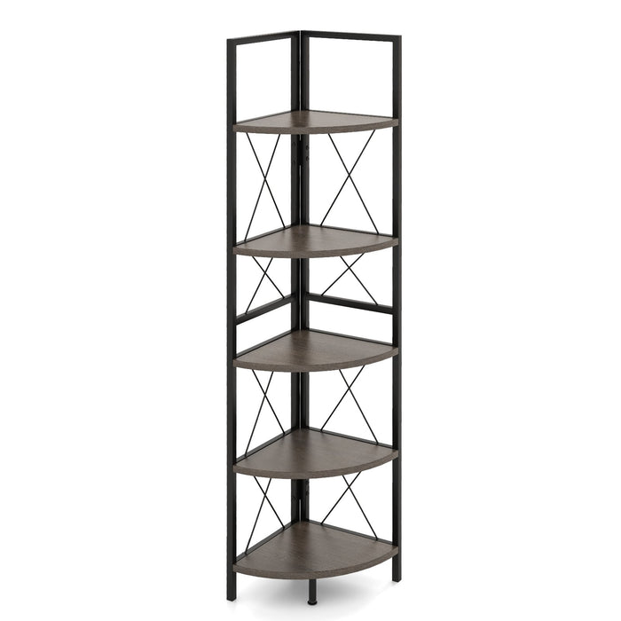 160 CM 5 tier Corner Bookshelf with Metal Frame X-shaped Brackets-Oak