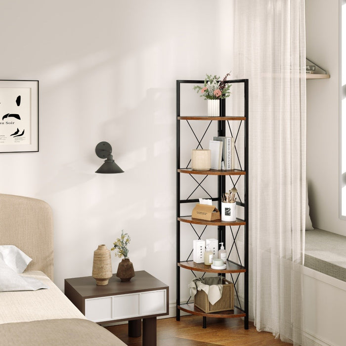 160 CM 5 tier Corner Bookshelf with Metal Frame X-shaped Brackets-Oak