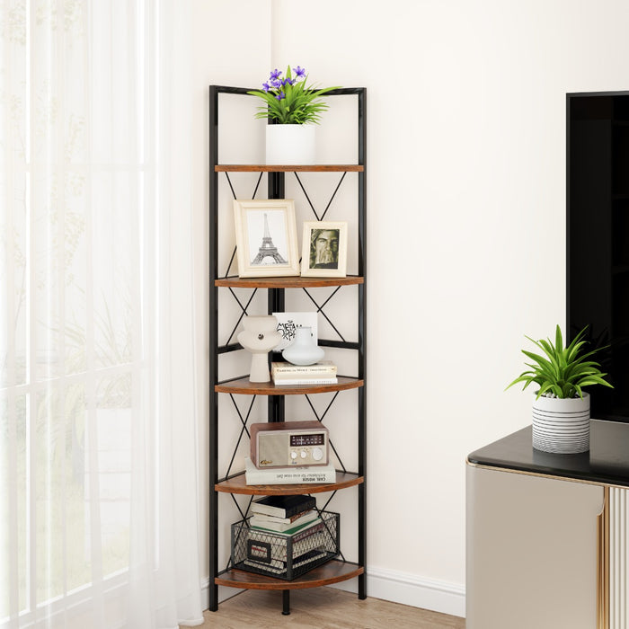 160 CM 5 tier Corner Bookshelf with Metal Frame X-shaped Brackets-Oak
