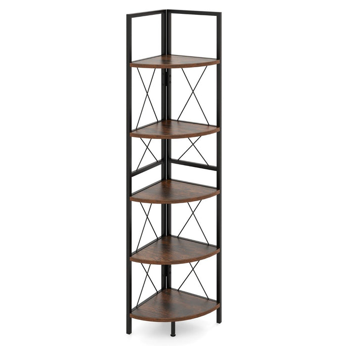 160 CM 5 tier Corner Bookshelf with Metal Frame X-shaped Brackets-Oak