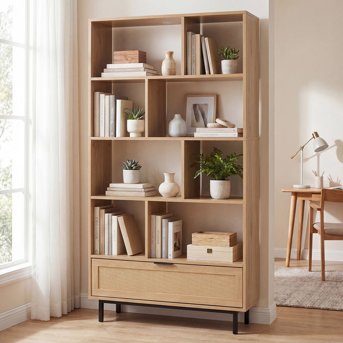 162 cm Tall Wooden Bookcase 6-Tier with 8 Open Cubes Rattan Drawer-Natural