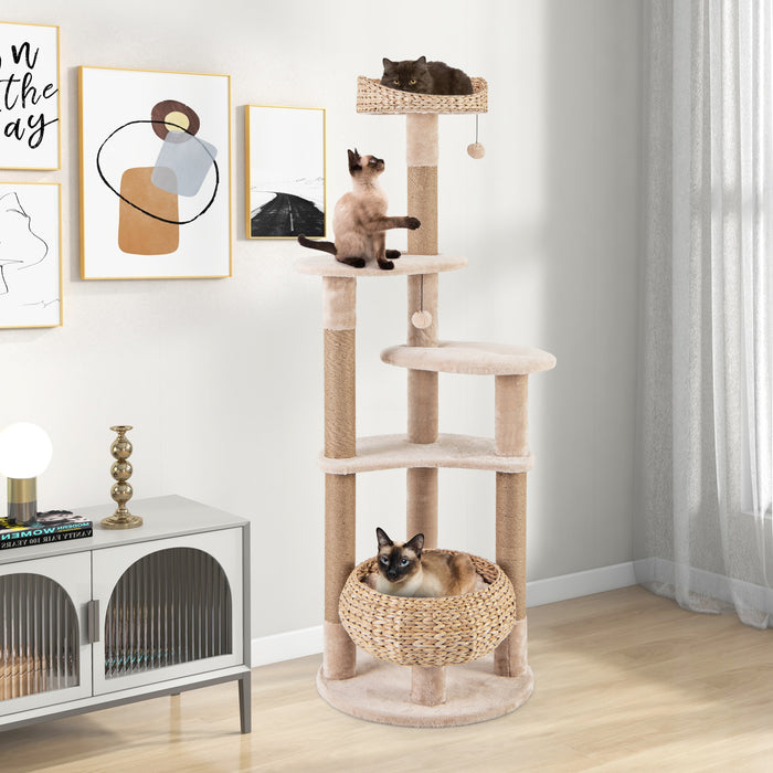 164 cm Cat Tree with Jute Scratching Posts and Dangling Balls-