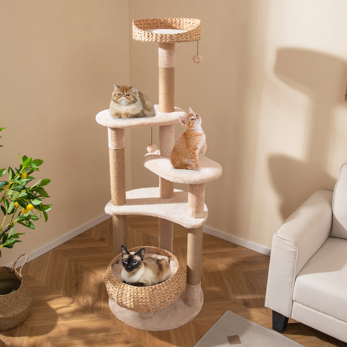 164 cm Cat Tree with Jute Scratching Posts and Dangling Balls-
