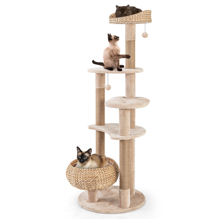 164 cm Cat Tree with Jute Scratching Posts and Dangling Balls-
