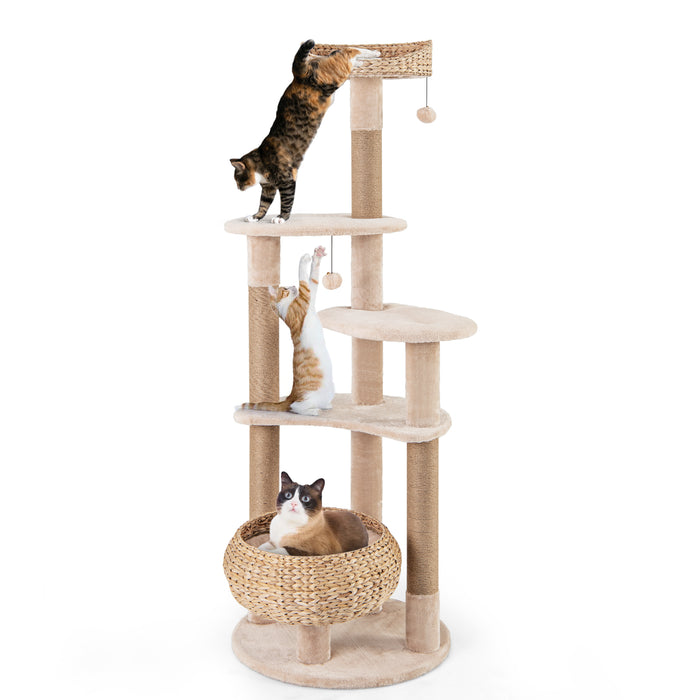 164 cm Cat Tree with Jute Scratching Posts and Dangling Balls-