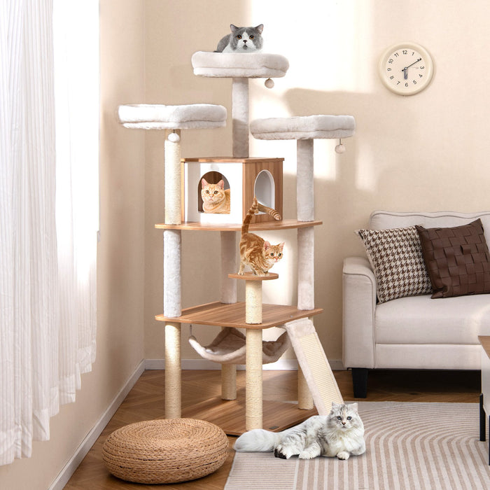 168CM Tall Cat Tree Wood Cat Tower with 3 Padded Perches-Natural