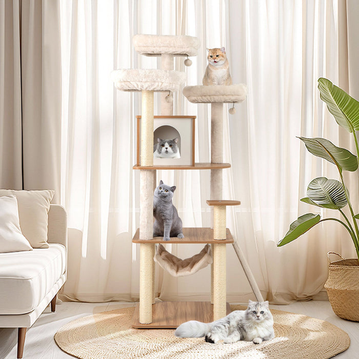 168CM Tall Cat Tree Wood Cat Tower with 3 Padded Perches-Natural