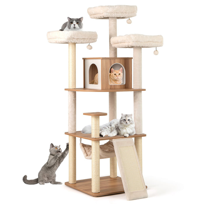 168CM Tall Cat Tree Wood Cat Tower with 3 Padded Perches-Natural