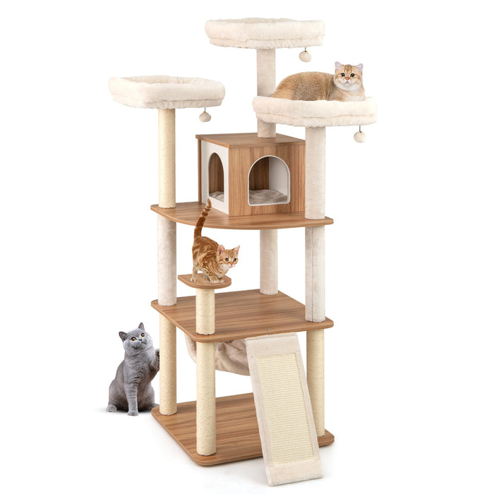 168CM Tall Cat Tree Wood Cat Tower with 3 Padded Perches-Natural