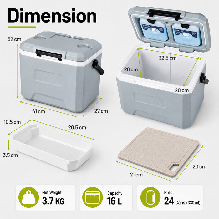 16L Portable Cooler with Phone & Bottle Holders and Divider for Camping Fishing-