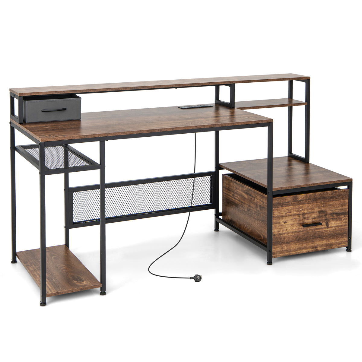 170 CM Computer Desk with Monitor Stand and File Drawer-