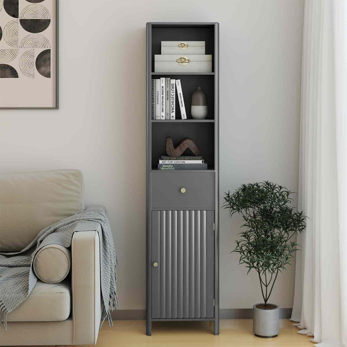170cm Tall Bathroom Cabinet with Fluted Door and 1 Drawer 3 Open Shelves-