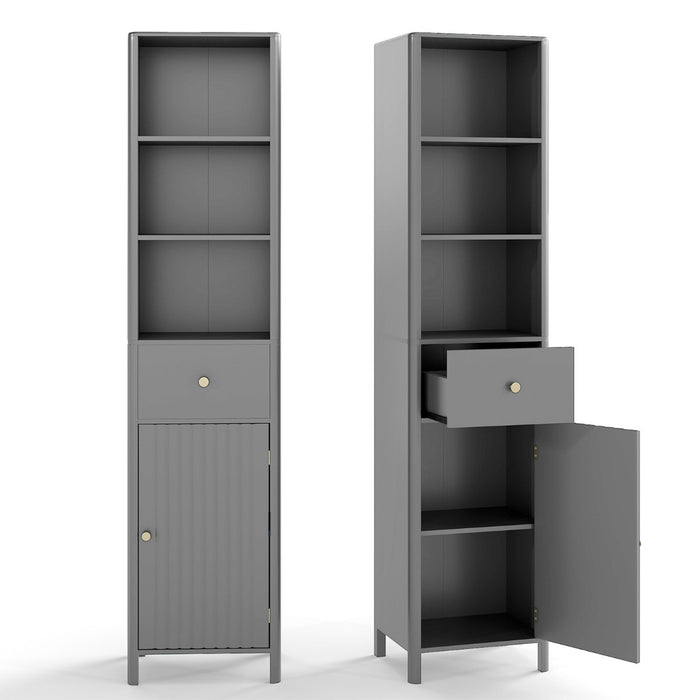 170cm Tall Bathroom Cabinet with Fluted Door and 1 Drawer 3 Open Shelves-