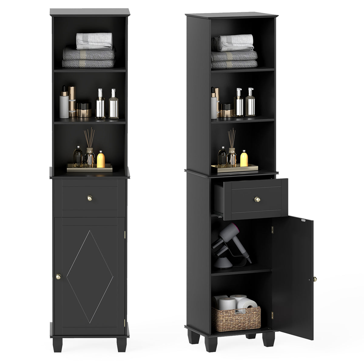 172cm Tall Bathroom Cabinet with Drawer and 3 Open Shelves-
