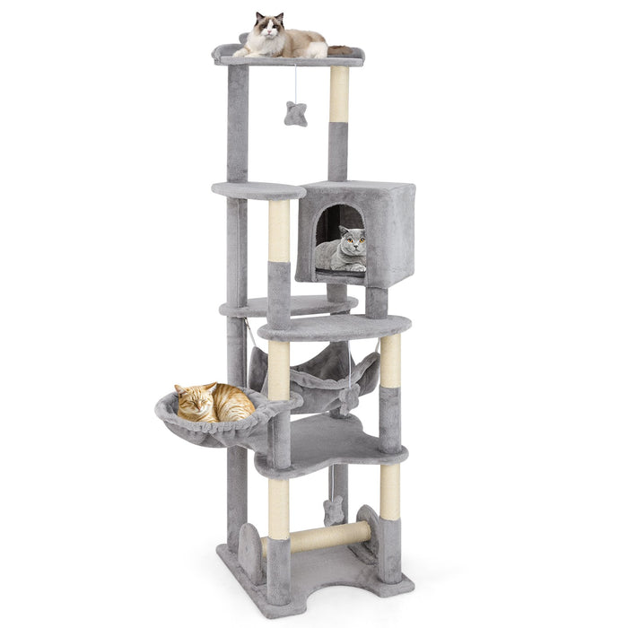 176 cm Multi-level Cat Tree with Hammock Jumping Platforms and Hanging Toys