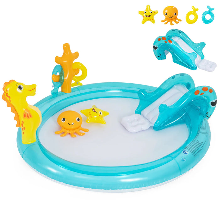 178 x 157 x 67.5 cm Inflatable Play Center with Slide and Seahorse-shaped Sprinkle for Backyard