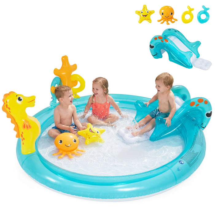 178 x 157 x 67.5 cm Inflatable Play Center with Slide and Seahorse-shaped Sprinkle for Backyard