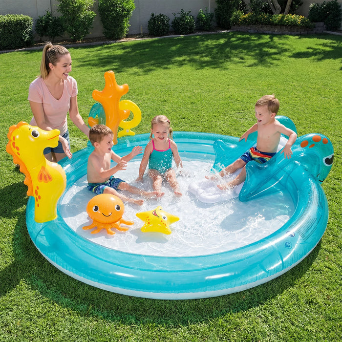 178 x 157 x 67.5 cm Inflatable Play Center with Slide and Seahorse-shaped Sprinkle for Backyard