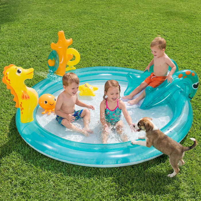 178 x 157 x 67.5 cm Inflatable Play Center with Slide and Seahorse-shaped Sprinkle for Backyard