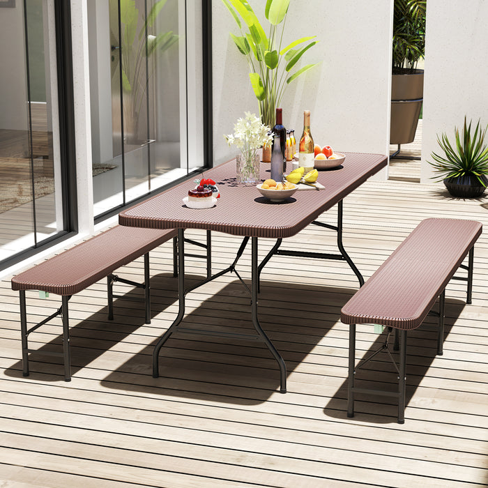 180cm Folding Table with Rattan-Like HDPE Tabletop and Safe Lock Mechanism-