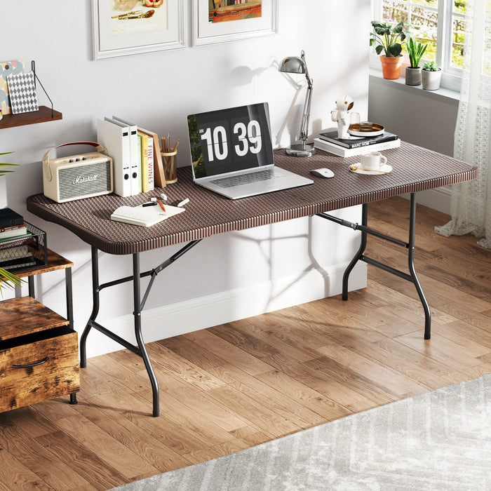 180cm Folding Table with Rattan-Like HDPE Tabletop and Safe Lock Mechanism-
