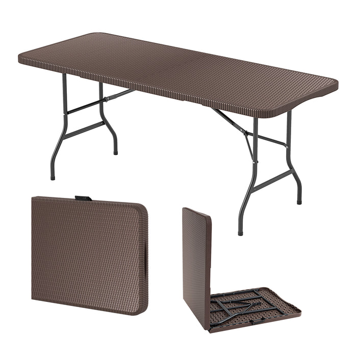 180cm Folding Table with Rattan-Like HDPE Tabletop and Safe Lock Mechanism-