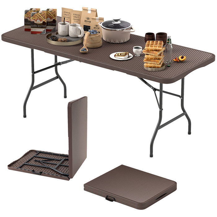 180cm Folding Table with Rattan-Like HDPE Tabletop and Safe Lock Mechanism-