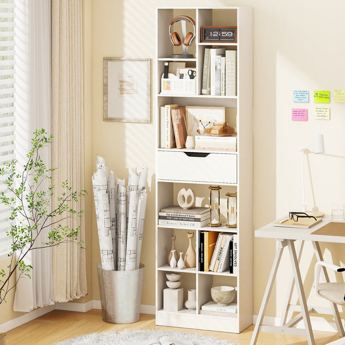 180cm Tall Bookcase with Drawer with 10 Cubesand Anti-tipping Kits for Living Room-White