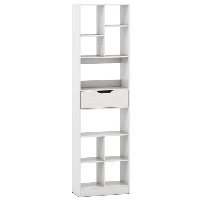180cm Tall Bookcase with Drawer with 10 Cubesand Anti-tipping Kits for Living Room-White