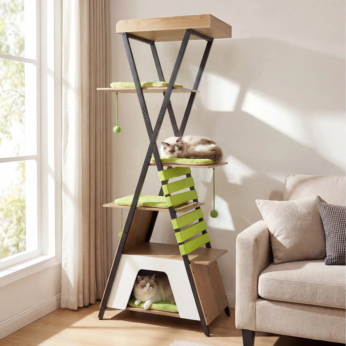 185CM Wooden Multi-level Cat Tower with Elevated Perch-