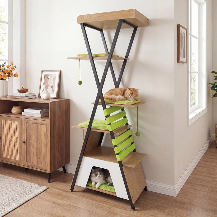 185CM Wooden Multi-level Cat Tower with Elevated Perch-