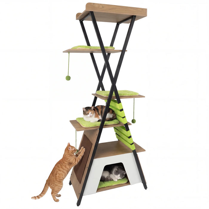 185CM Wooden Multi-level Cat Tower with Elevated Perch-