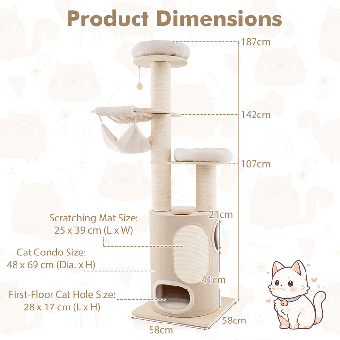 187 cm Tall Wooden Cat Tower Tree with 2-Story Cat Condo-