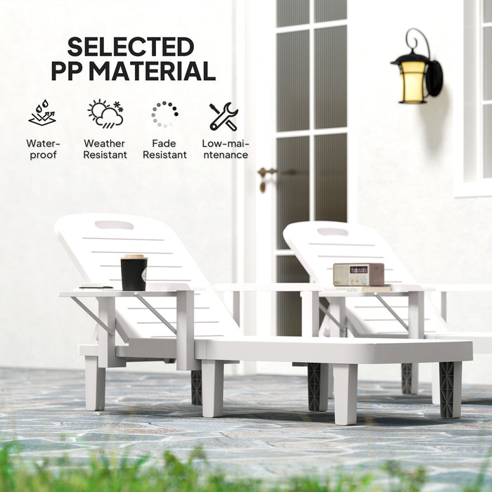 Outsunny Set of 2 Resin Reclining Sun Loungers for Garden, 5 Positions Adjustable Outdoor Chaise Lounge Chairs with Wood Texture Surface, Armrests, Foldable Side Table for Garden, Beach, White