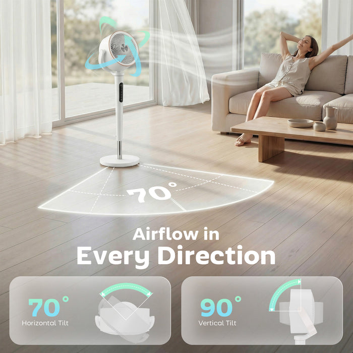 HOMCOM 20dB Silent Standing Fan, 70°+90° Auto Oscillating Fan with 12 Speeds, LED Light, Air Circulator, Remote Control, 12H Timer, for Bedroom, 46 Inch, White