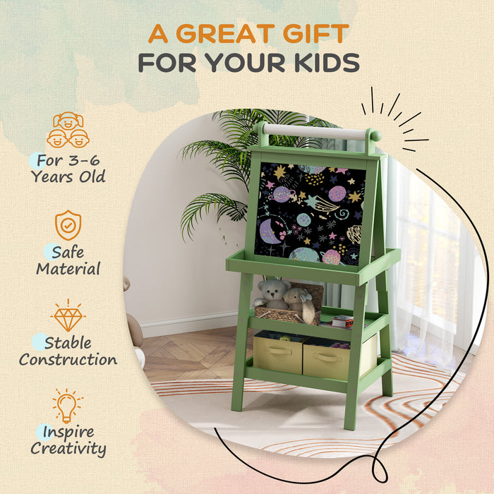 AIYAPLAY 3 in 1 Kids Easel Double-Sided Magnetic Whiteboard and Chalkboard with Paper Roll, Storage Baskets - Green | Aosom UK