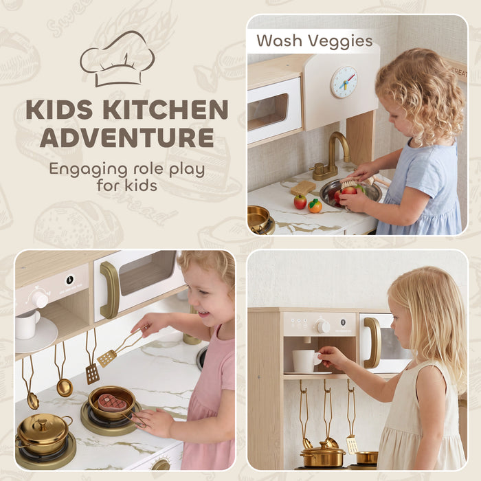 AIYAPLAY Play Kitchen, Kids Kitchen Playset with Rotating Coffee Machine, Storage Shelf, Stove, Gift for Kids 3-6 Years, White