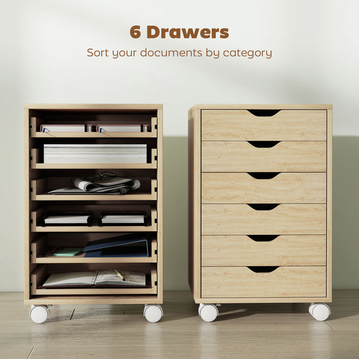 HOMCOM 6 Drawer Vertical File Cabinet, Mobile Filing Cabinet with Quiet Drawers and Wheels with 2 Brakes, Oak Wood Effect