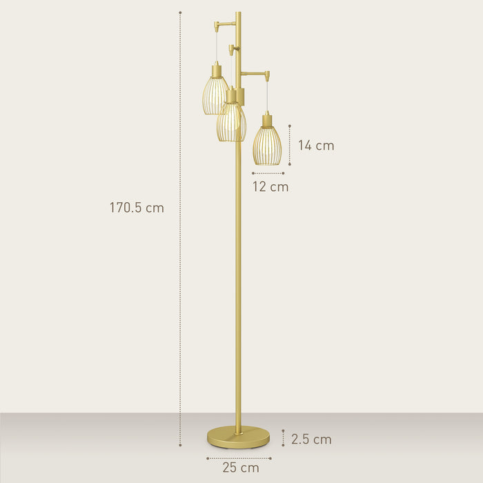 HOMCOM 170cm Industrial 3-Light Floor Lamp, Dimmable Standing Lamp with Steel Lampshades for Living Room, Bedroom, Dinging Room, Study, Gold Tone