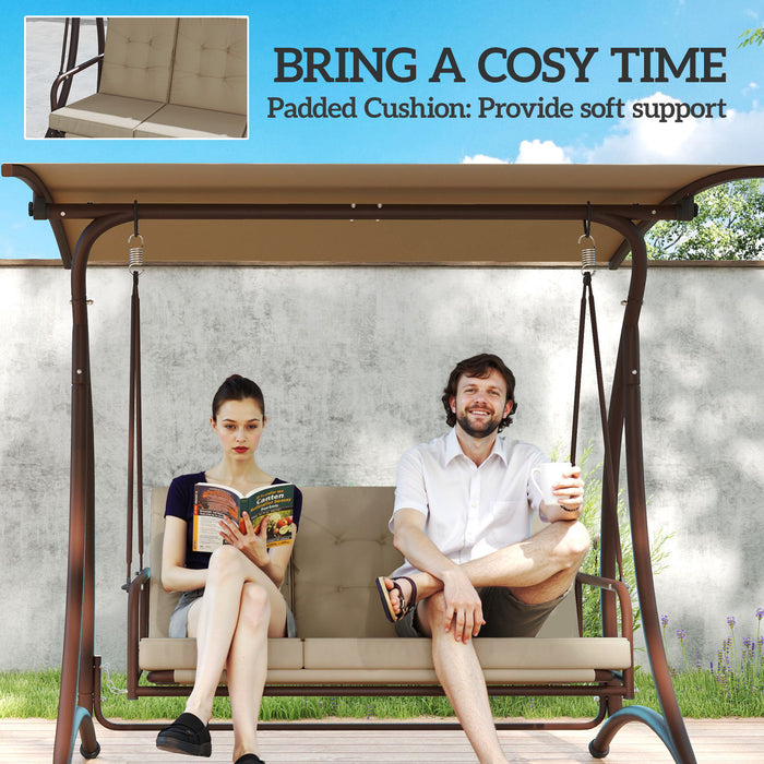 Outsunny 3 Seater Garden Swing Seat Bed, Convertible Swing Chair Bench with UPF30+ Adjustable Canopy, Cushioned Seat and Weather Resistant Steel Frame, Khaki