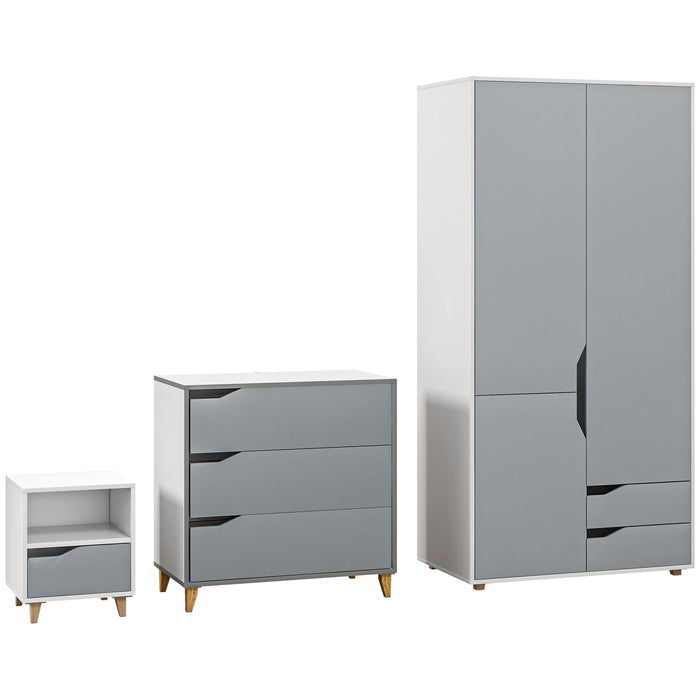 HOMCOM Bedroom Furniture Set, Wardrobe with Hanging Rail, 3 Drawer Chest of Drawers, Bedside Table with Drawer, Grey and White | Aosom UK