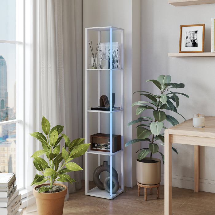 HOMCOM RGB LED Floor Lamp with Shelves, Modern Dimmable Standing Lamp with Remote Control, Adjustable Brightness & Speed for Living Room, Bedroom, Office, White