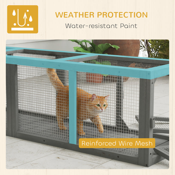 PawHut Outdoor Cat Tunnel, Wooden Play Cat Enclosure, Extendable Pet Run with 3 Doors, for Indoor and Outdoor Use, Grey