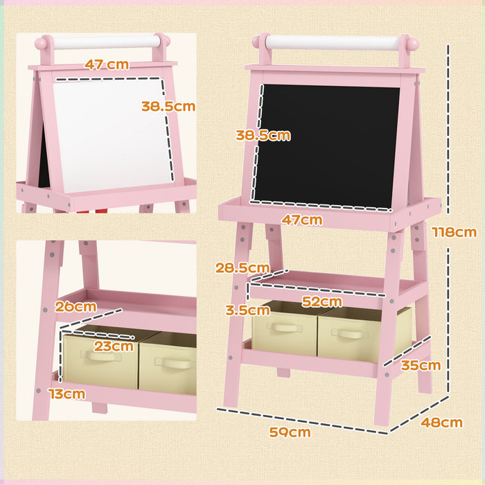 AIYAPLAY 3 in 1 Kids Easel Double-Sided Magnetic Whiteboard and Chalkboard with Paper Roll, Storage Baskets - Pink | Aosom UK