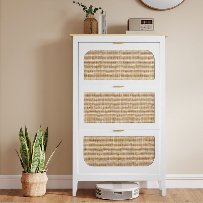 HOMCOM Narrow Shoe Cabinet, Boho Slim Shoe Storage Cabinet with 3 Flip Drawers, Holds 21 Pairs, White